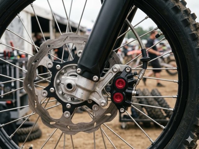 Étrier de frein motocross monté sur fourche inversée en paddock de course