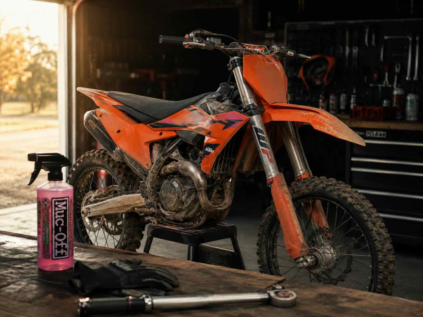 Moto cross poussiéreuse sur lève-moto dans un garage avant révision de rentrée